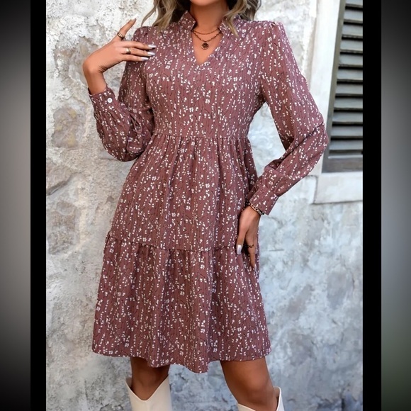 Pendulum Long Sleeve Notched Neck Dress with Allover Print and Ruffle Hem - Picture 2 of 6